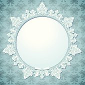 Lacy circular frame in a soft aqua blue color, on a repeating floral background. Bow at bottom is on separate layer. 
