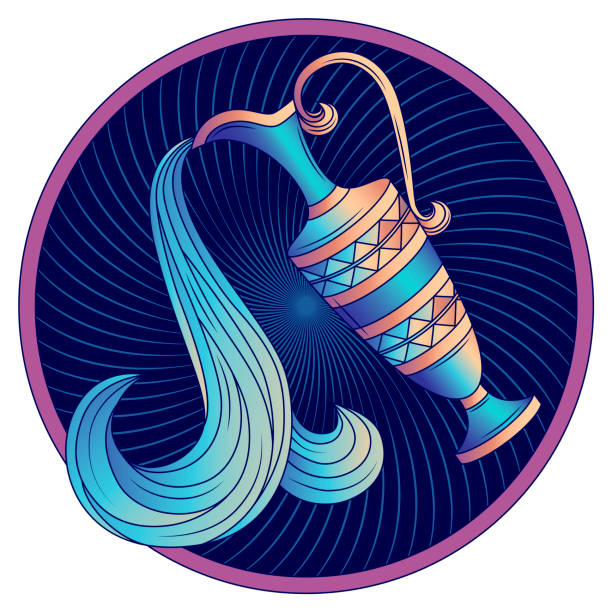 Aquarius zodiac sign, horoscope symbol blue vector Aquarius zodiac sign, astrological, horoscope symbol. Futuristic icon. Stylized graphic blue amphora decorated with a geometric pattern. Water is poured from a jug with a handle. Vector illustration. aquarius astrology sign stock illustrations