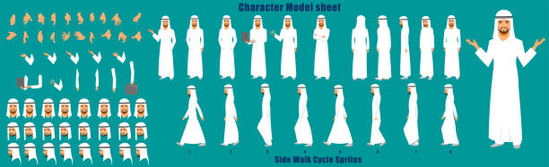 Arab Businessman Character Turnaround Businessman Character Model sheet with Walk cycle Animation Sequence businessman borders stock illustrations