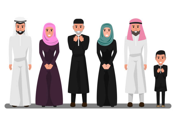 Arab family characters in various pose. Happy saudi, emirates muslim senior man, woman, parents, father, People in national clothing and hijab. Character of muslim religion concept vector illustration. vector art illustration
