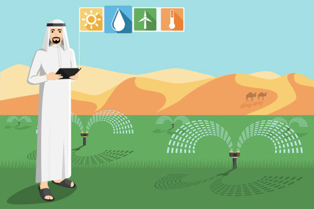 illustrazioni stock, clip art, cartoni animati e icone di tendenza di agricoltore arabo con un tablet computer controlla il sistema di irrigazione - software agricoltura irrigazione