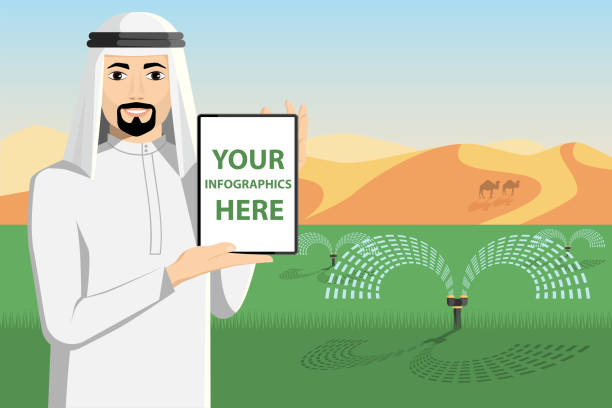 illustrazioni stock, clip art, cartoni animati e icone di tendenza di agricoltore arabo con un tablet - software agricoltura irrigazione