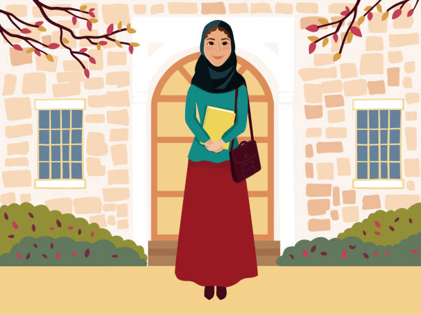 stockillustraties, clipart, cartoons en iconen met arabisch meisje met schattig gezicht in rode rok en blauwe blouse met geel boek in handen. moslim mensen. - arabic student