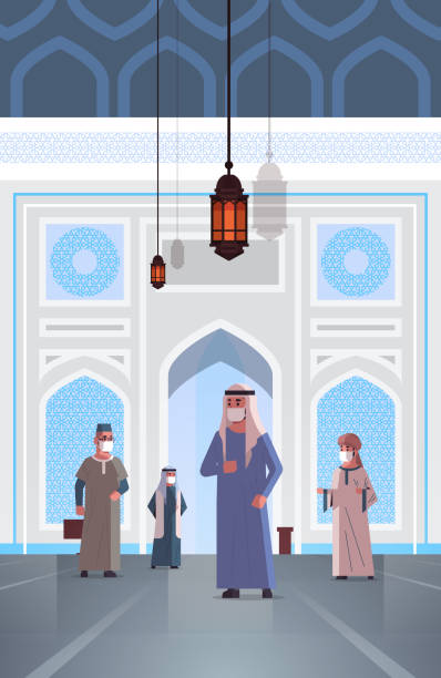 arab men in medical masks coming to nabawi mosque building quarantine covid-19 quarantine pandemic arab men in medical masks coming to nabawi mosque building quarantine covid-19 quarantine pandemic concept people praying in traditional clothes muslim religion vertical full length vector illustration mosque stock illustrations