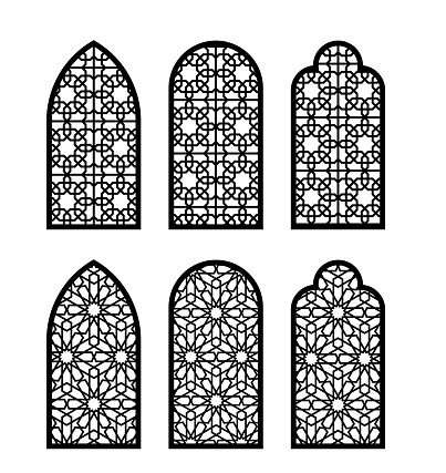 Arabesque arch window or door set. Cnc pattern, laser cutting, vector template set for wall decor, hanging, stencil, engraving