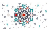 Arabesque vector round tile element. Hexagonal geometric decor with random tile edges for cloth and bag design