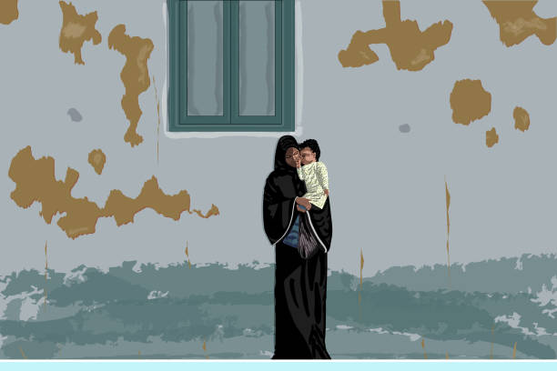 siyah ferace ve hijab içinde küçük bebek ile arap anne berbat duvar, mısır altında elinde. - migrants stock illustrations