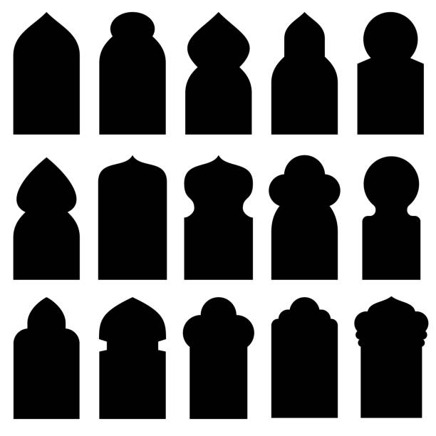 Arabic arch windows and doors in traditional islamic style vector silhouettes Arabic arch windows and doors in traditional islamic style vector silhouettes. Illustration of black silhouettes door and window architecture borders stock illustrations