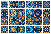 Vector tiles patterns. Seamless flourish backgrounds with blue red flower elements. Arabic decorative design for floor or wall. Square symmetrical ornament. Colorful weave oriental illustration.
