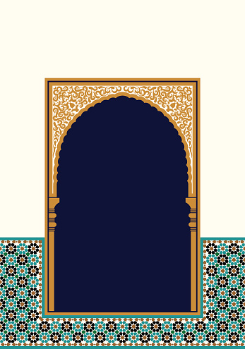 Arabic Floral Arch. Traditional Islamic Background. Mosque decoration element. Elegance Background with Text input area in a center.