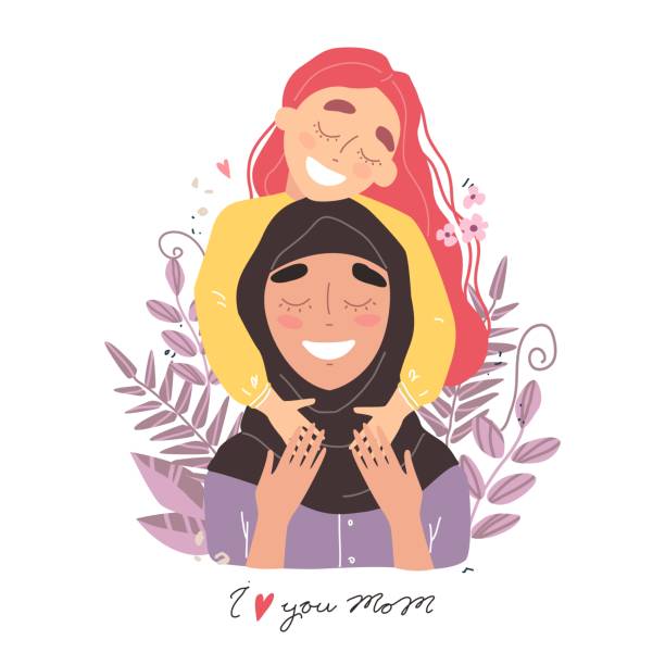 Arabic happy family. Mothers day greeting card, Mom and girl are smiling and hugging Arabic happy family. Mothers day greeting card. Mom and girl are smiling and hugging. Family holiday and togetherness. Vector eps 10 cute arab girls stock illustrations