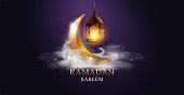 Arabic lantern with burning candle and gold moon. Ramadan Kareem. Vector illustration design.Vector illustration design.