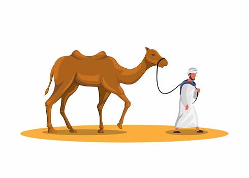 Arabic man walking with camel in dessert sand middle east culture symbol cartoon illustration vector