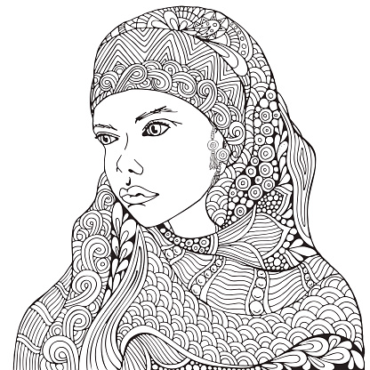Download Arabic Muslim Woman Hijab Coloring Book Page For Adult Black And White Doodle Style Stock ...