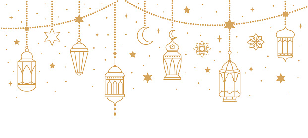 Arabic traditional Ramadan Kareem eastern lanterns garland. Muslim ornamental hanging golden lanterns, stars and moon vector illustration set. Islamic oriental style garland