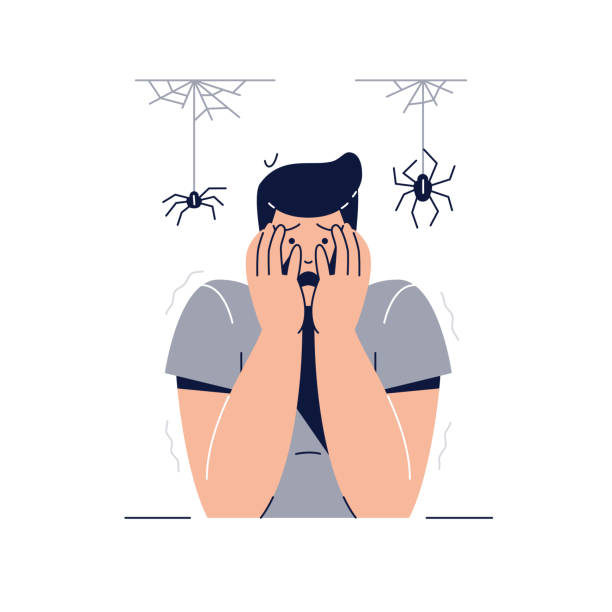 Arachnophobia, Fear of Spiders concept. Scared Frightened Man Character with hands on the face is afraid of Spiders. Irrational Fears, Phobia, Panic Attack for web design. Flat vector illustration Arachnophobia, Fear of Spiders concept. Scared Frightened Man Character with hands on the face is afraid of Spiders. Irrational Fears, Phobia, Panic Attack for web design.Flat vector illustration arachnophobia stock illustrations