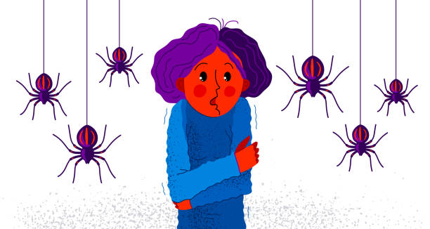 Arachnophobia fear of spiders vector illustration, girl surrounded by spiders scared in panic attack, psychology mental health concept. Arachnophobia fear of spiders vector illustration, girl surrounded by spiders scared in panic attack, psychology mental health concept. arachnophobia stock illustrations