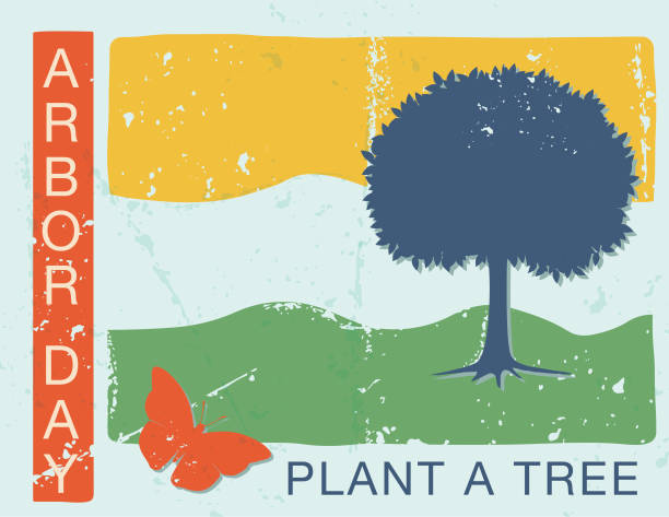 Vector illustration of Arbor Day cards in a Mid Century modern pocket calendar style. Simple vintage look.