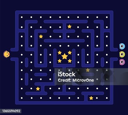istock Arcade maze. Pacman background, pac man retro video computer game. Labyrinth defender and monsters. Kids app play in 80s style, videogame level decent vector design 1365594092