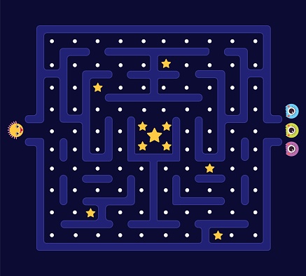 Arcade maze. Pacman background, pac man retro video computer game. Labyrinth defender and monsters. Kids app play in 80s style, videogame level vector design. Illustration of game arcade labyrinth