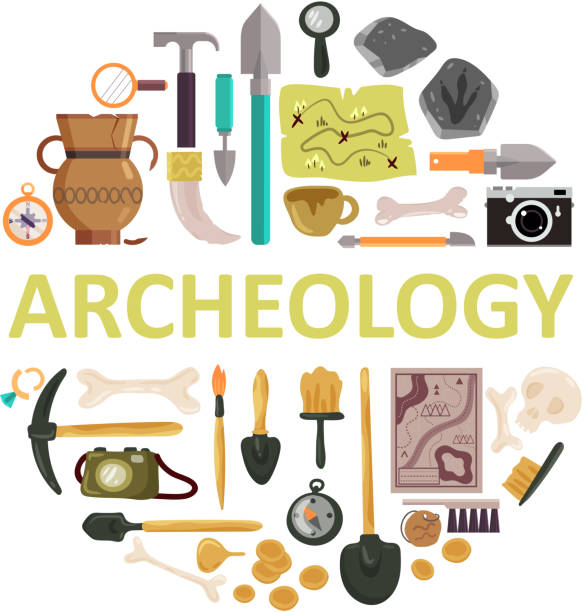 Archaeology icon set vector isolated illustration Archaeology icon set with archeology lettering. Vector illustration of archaeological tools, ancient artifacts isolated on white background. archaeology stock illustrations