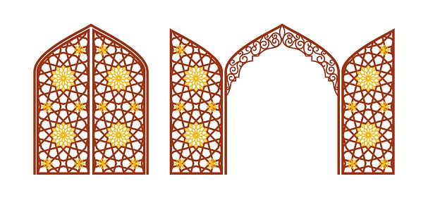 Arched carved gate with arabic ornament. Layout for clipping. Vector illustration.