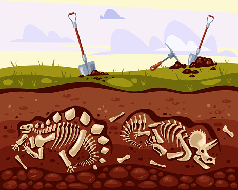 Archeology excavations dinosaurs concept. Vector flat cartoon graphic design illustration