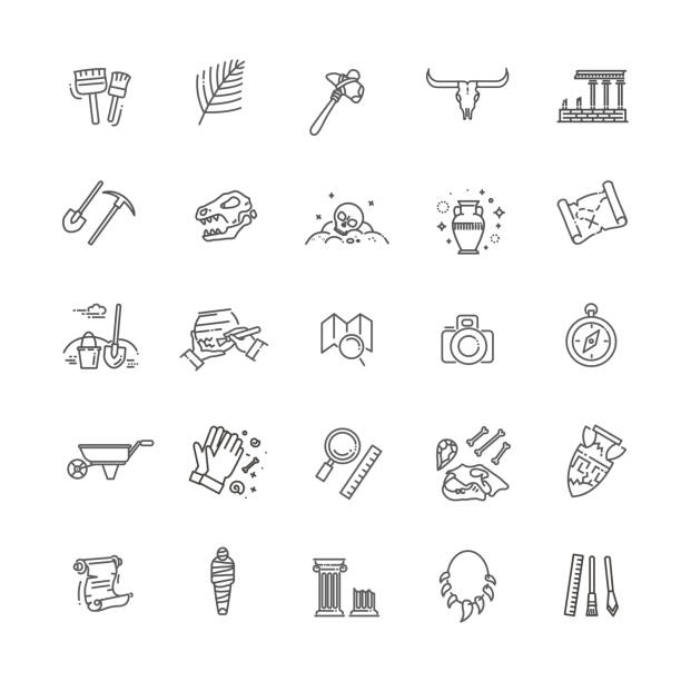 archäologie vektorlinie symbole gesetzt - archäologe stock-grafiken, -clipart, -cartoons und -symbole