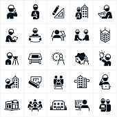 A set of architect and architectural related icons. The icons include different work situations involving architects, an architect working at a computer, talking on a phone, wearing a hard hat, holding a blueprint, reviewing a blueprint, working at a drafting table, shaking hands and siting in a group meeting. The set also includes drawing items, drafting table, drawing compass, blueprint, buildings, bridge and other related icons.