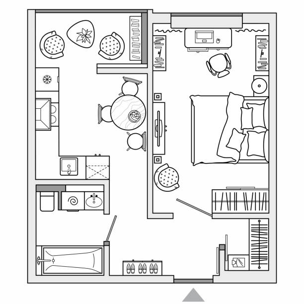 Architectural plan of studio apartment with kitchen and bedroom. Small house top view. Floor plan with furniture placement. The interior design project. Vector. Architectural plan of a house. Layout plan of the apartment with furniture in the drawing view. Graphic design elements top view. Vector house icons for blueprint bed furniture backgrounds stock illustrations