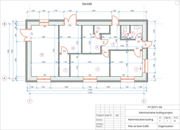 Architectural plan of the administrative building. Color version with place for text and copy space. Architectural plan of the administrative building. Color version with place for text and copy space. Color drawing window designs stock illustrations