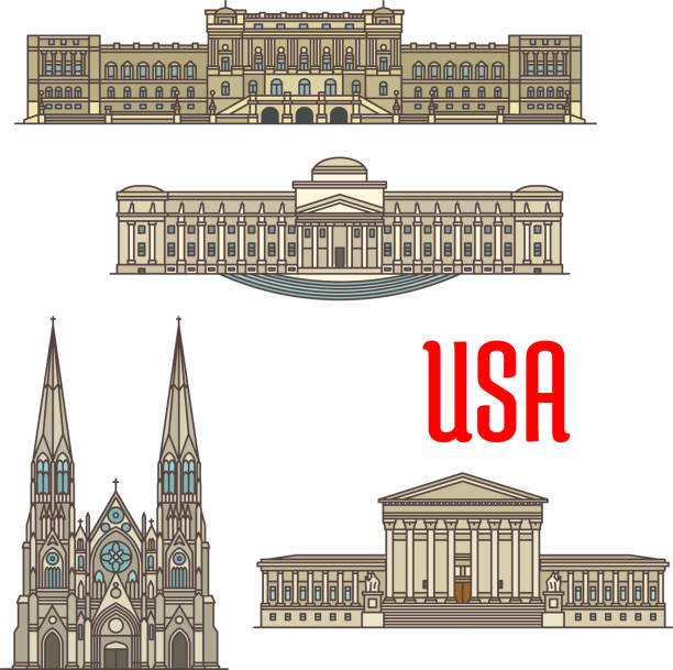 US Architecture and cathedral landmarks US tourist and travel attractions symbols. Detailed vector facades of United States Supreme Court, Library of Congress, Brooklyn Museum, St Patrick Cathedral supreme court building stock illustrations