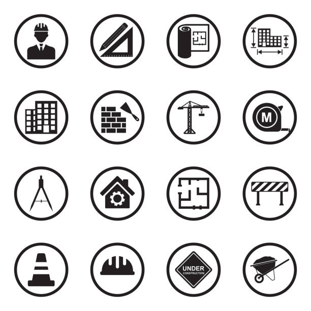 Architecture And Construction Icons. Black Flat Design In Circle. Vector Illustration. Building, Worker, Job, City architecture clipart stock illustrations