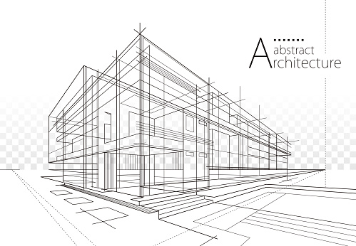 Architecture building construction perspective design, abstract modern urban building out-line black and white drawing.