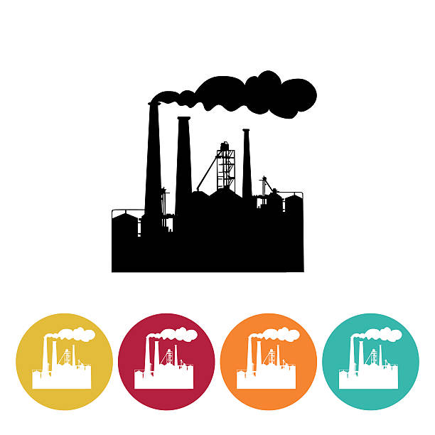 Architecture icon Set - Manufacturing Factory Architecture icon Set On round. The icon bases are simple flat colors. Manufacturing Factory factory silhouettes stock illustrations