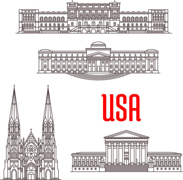 Architecture landmarks of USA United States Supreme Court, Library of Congress, Brooklyn Museum, St Patrick Cathedral. Famous architecture landmarks of USA. Vector icons of buildings for souvenirs, travel map guide elements supreme court building stock illustrations