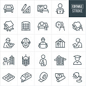 A set of architecture icons that include editable strokes or outlines using the EPS vector file. The icons include a drawing table, architects, draftsmen, tools, people working, blue prints, house, house plans, building, drawing compass, construction workers, construction, hard hats, home construction, inspector, architectural drawings, skyscrapers, education, graduate, calculator and other tools.