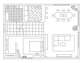 Architecture plan with furniture in top view. Coloring book.