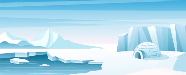 Arctic landscape with ice house flat vector illustration Arctic landscape with ice house flat vector illustration. Shelter, hut built of snow, igloo. Eskimo people building inhabit . Beautiful snowy winter nature view. Ice mountains peaks arctic stock illustrations