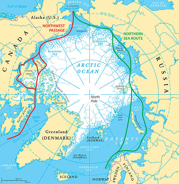 Arctic Ocean Sea Routes Map Arctic Ocean sea routes map with Northwest Passage and Northern Sea Route. Arctic Region map with countries, national borders, rivers, lakes and average minimum extent of sea ice. English labeling and scaling. arctic stock illustrations