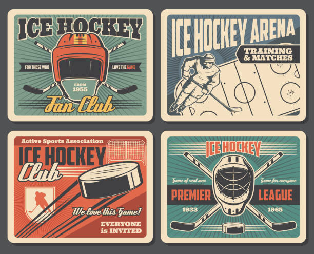 Arena rink, ice hockey gear and players, vector Ice hockey sport association and training equipment, retro style. Vector puck flying to gates on arena, player in helmet with stick. Goalkeeper protective helmet and crossed sticks hockey goalie stick stock illustrations