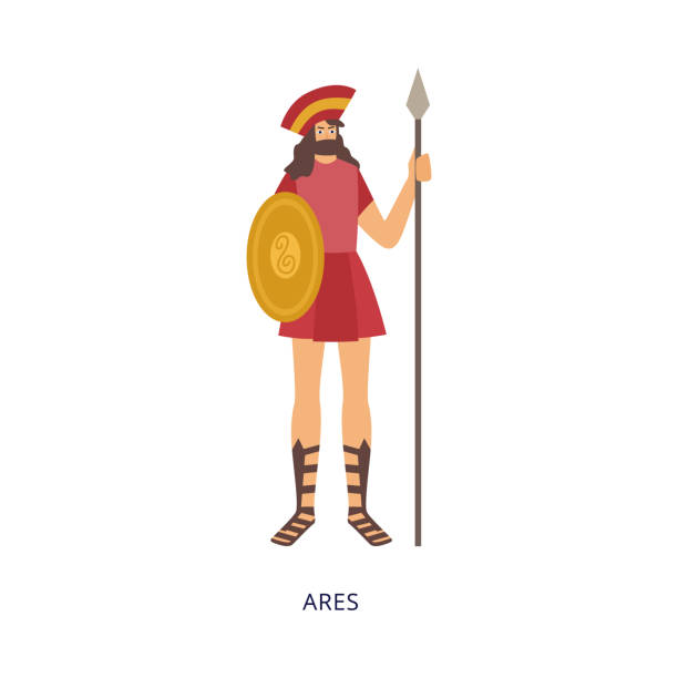 Ares god of war in armours and with shield, flat vector illustration isolated. Ares god of war in armours and with shield, flat vector illustration isolated on white background. Greek god Ares male character armed and standing full length. ares god of war stock illustrations