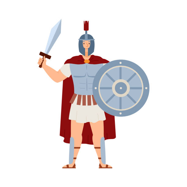 Ares greek deity of war, male character in armor with sword and shield in hands. Ares greek deity of war. Strong male in armor with sword and shield in hands. Olympian god ancient greece mythology, son of zeus and hera. Flat vector isolated illustration. images of ares god of war stock illustrations