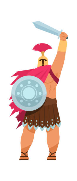 Ares Greek god of war. Cartoon male character of Greece religious myths. Muscular divine man holding shield and raising sword. Isolated ancient warrior. Vector deity of Olympic pantheon Ares Greek god of war. Cartoon strong male character of Greece religious myths. Muscular divine man holding shield and raising sword. Isolated ancient warrior. Vector warlike deity of Olympic pantheon images of ares god of war stock illustrations