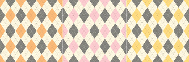 Argyle pattern set in grey, orange, yellow, pink, off white. Seamless geometric stitched vector backgrounds for wallpaper, socks, sweater, gift paper, other modern spring autumn fashion textile print. Argyle pattern set in grey, orange, yellow, pink, off white. Seamless geometric stitched vector backgrounds for wallpaper, socks, sweater, gift paper, other modern spring autumn fashion textile print. spring fashion stock illustrations