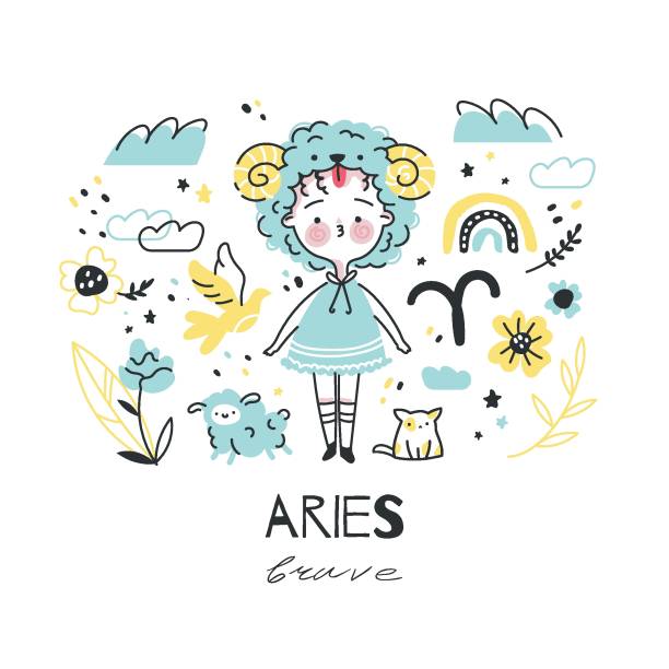 Aries zodiac sign illustration. Astrological horoscope symbol character for kids. Colorful card with graphic elements for design. Hand drawn vector in cartoon style with lettering Aries zodiac sign illustration. Astrological horoscope symbol character for kids. Colorful card with graphic elements for design. Hand drawn vector in cartoon style with lettering drawing of a cute little anime boy stock illustrations