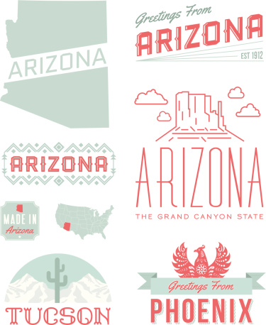 A set of vintage-style icons and typography representing the state of Arizona, including Tucson and Phoenix. Each items is on a separate layer. Includes a layered Photoshop document. Ideal for both print and web elements
