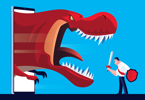 vector illustration of armed businessman meeting dinosaur via smartphone