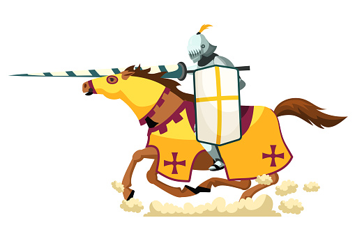 Armed knight galloping on horseback. Knighthood medieval tournament. Cartoon ancient warrior with peak and shield fighting riding horse. Jousting game. Vector flat war illustration.