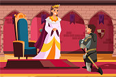 Armed knight kneeling before queen or princess. Knighting ceremony. Honoring warriors. Medieval castle interior. Love and romantic scene. Cartoon male and female character. Vector illustration